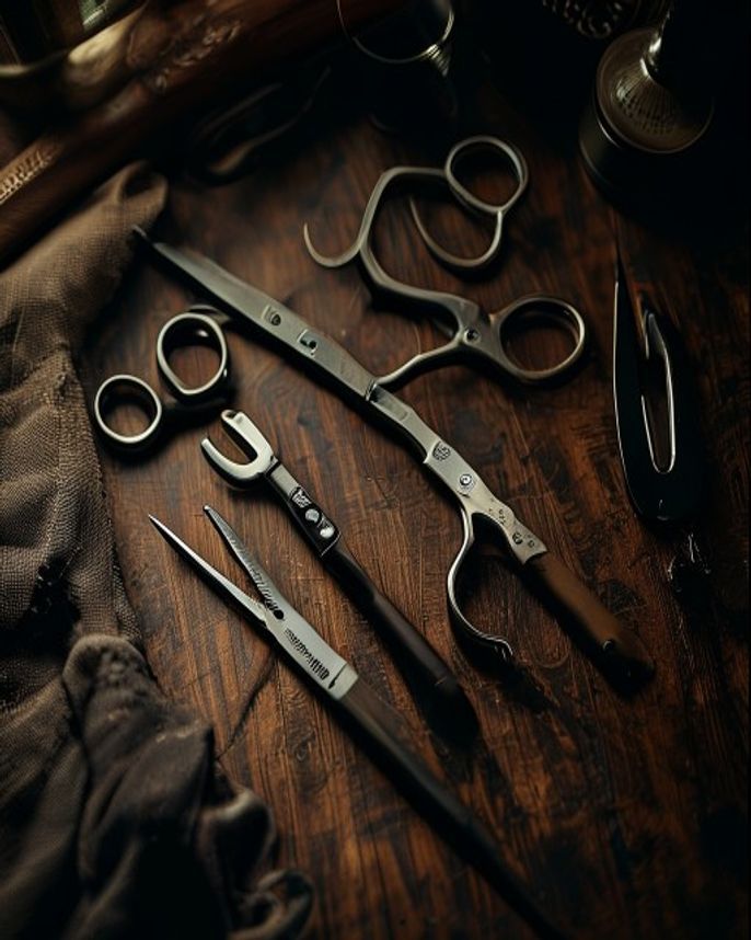 Herramientas vintage de barbero sobre madera oscura