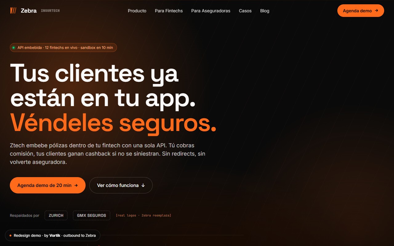 Captura de la web de Zebra Insurtech hecha por Vortik