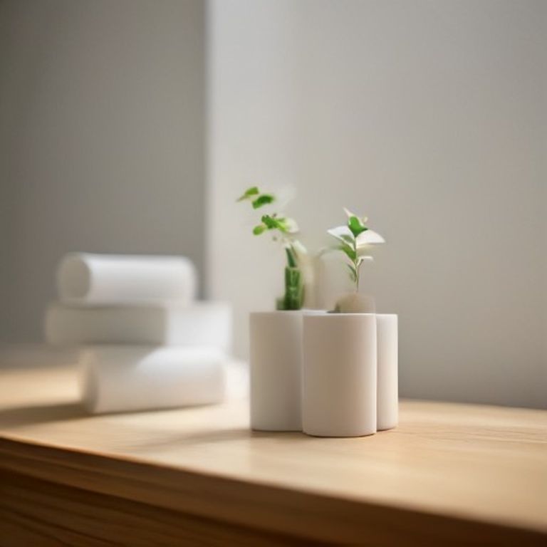 Toallas enrolladas y maceteros blancos con brotes sobre un estante de madera